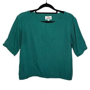 Me & Arrow Teal Green Blue Linen Blend Short Sleeve Top XS